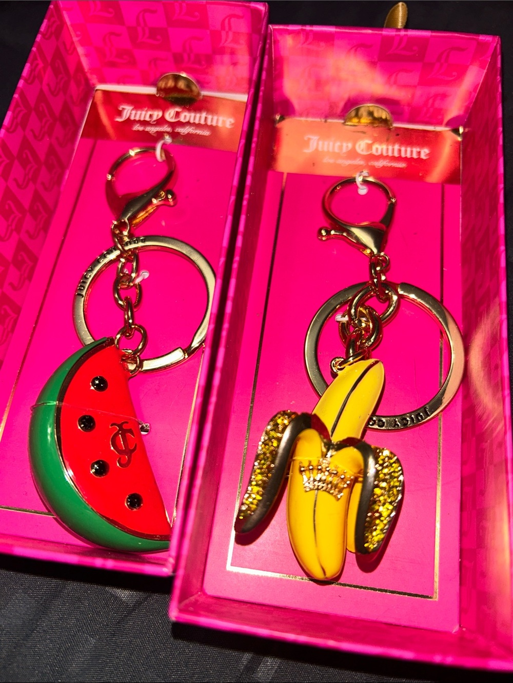 Juicy Couture Red & Green Watermelon + Yellow Banana Keychain Duo